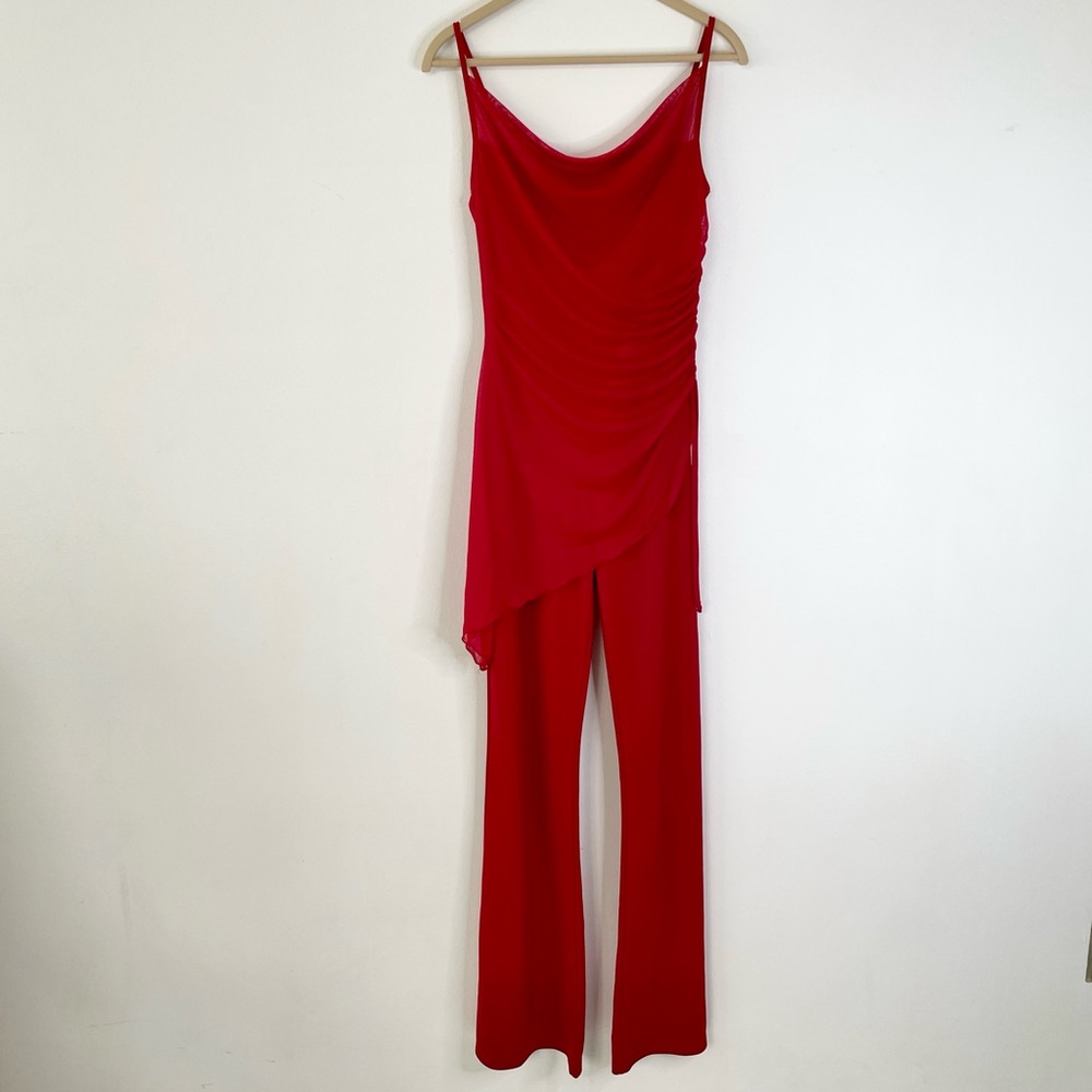 Vintage Lipstick flare jumpsuit ❤️ Cowl Neck Y2K w ruched side mesh overlay S